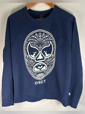 OBEY Men’s Sweater Size M Blue Luchador Mask Graphic Pullover Crewneck USA EUC
